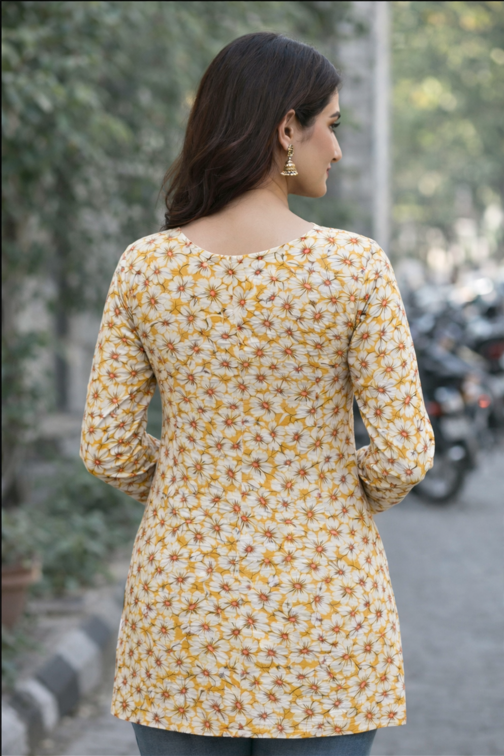 Yellow Floral Printed Short Kurti with Stylish Back Round Neck Design - Image 2