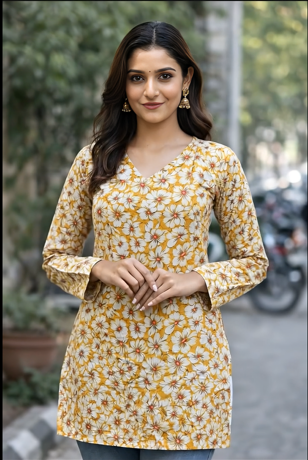 Yellow Floral Printed Short Kurti with Stylish Back Round Neck Design