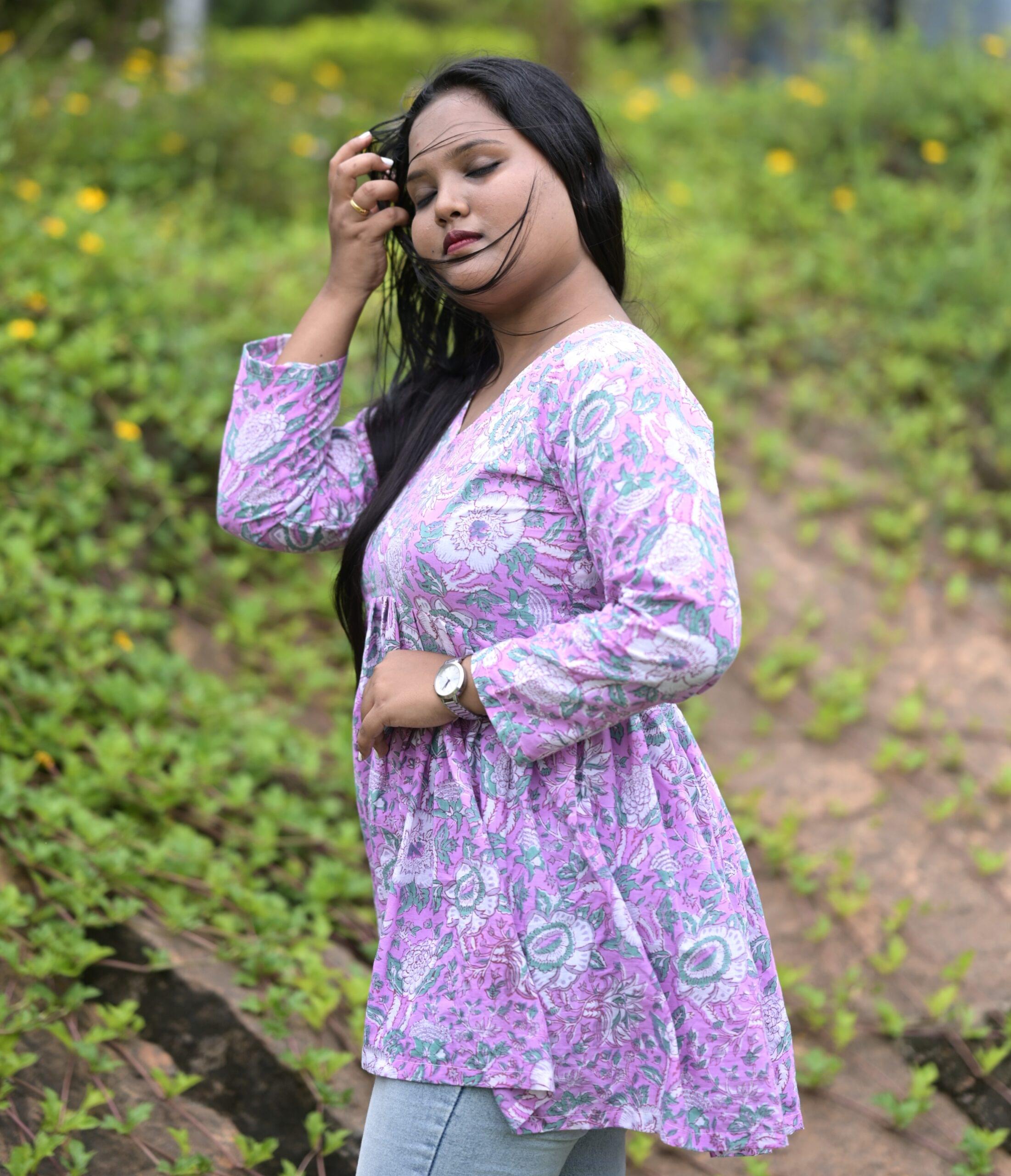 Women’s Pink Floral Cotton Kurti Top | Full Sleeve V-Neck Ethnic Wear - Image 2